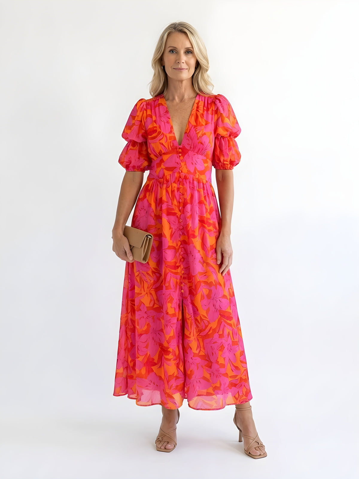 Olive | Floral Puff Sleeve Midi Dress