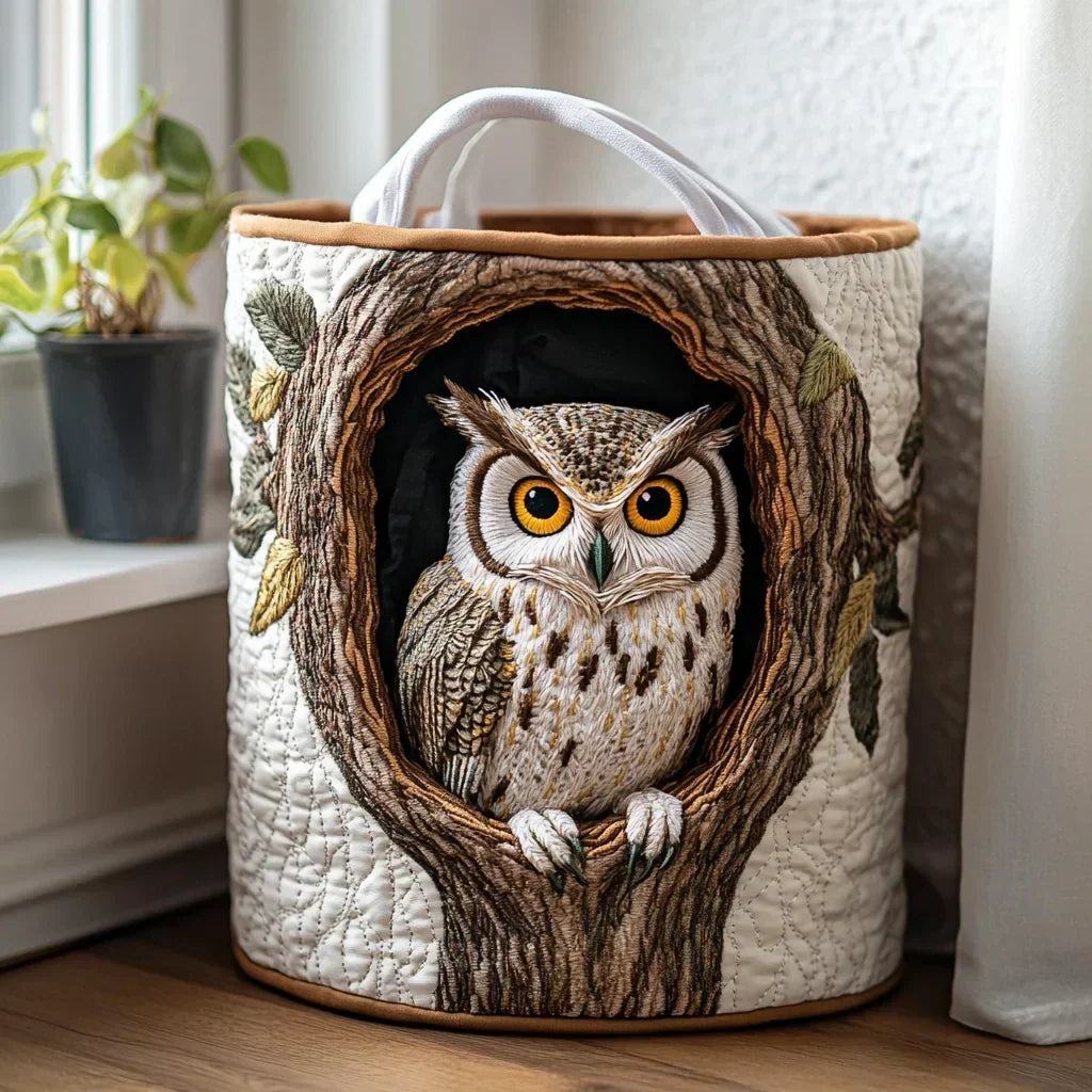 Hand-Quilted Woodland Basket in Owl Tree