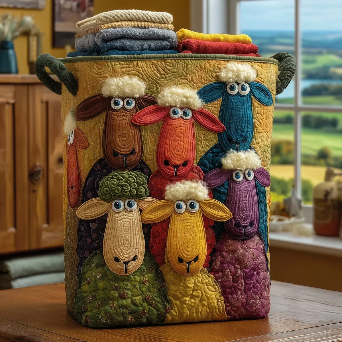 Hand-Quilted Woodland Basket in Rainbow Flock