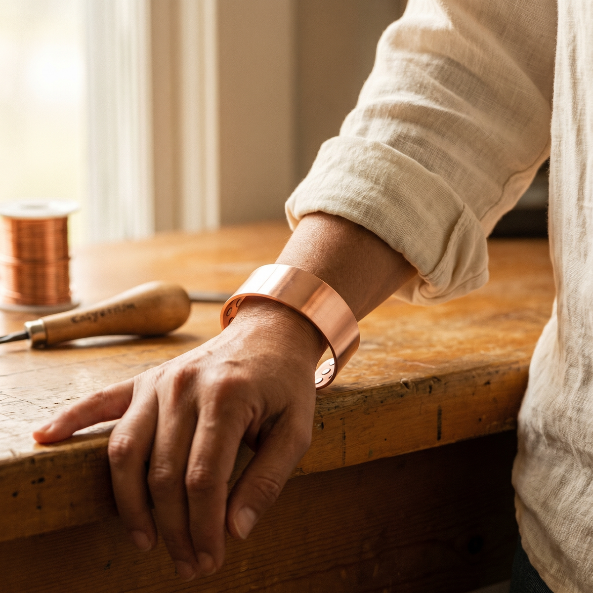 Clara Whitfield's Anvil Copper Bracelet