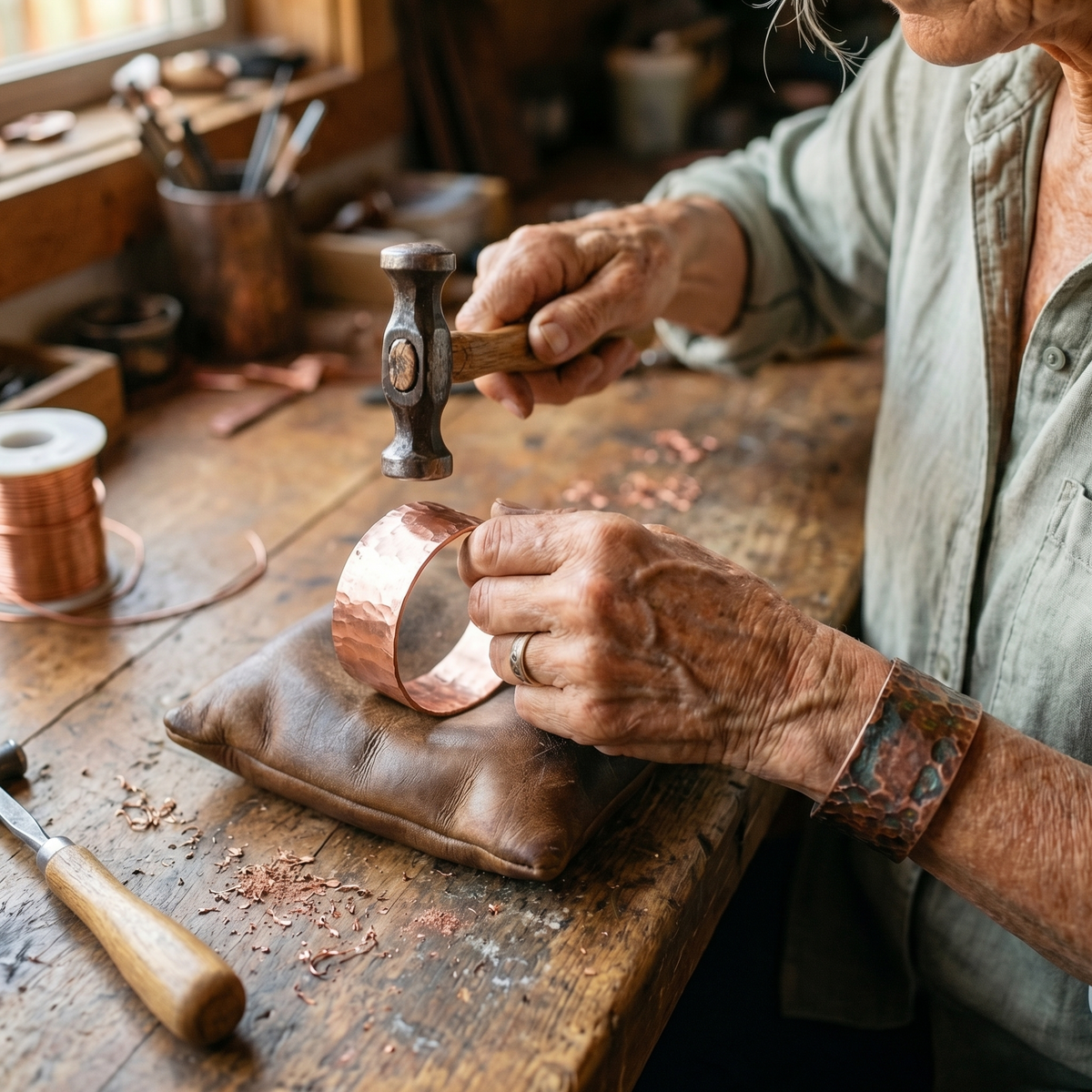 Clara Whitfield's Anvil Copper Bracelet